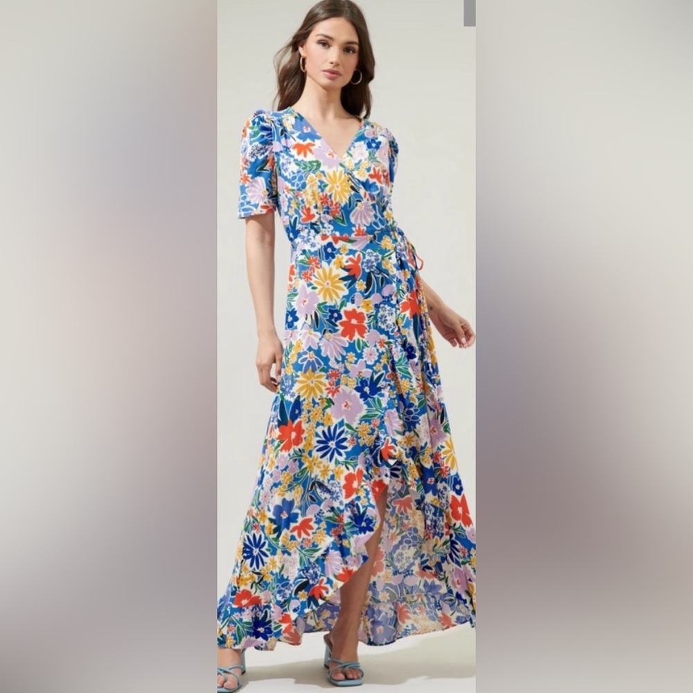 Sugarlips Floral Short Sleeve Wrap Maxi Dress - Blue Multicolor Size Small NWT - Picture 15 of 15